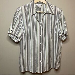 Allison Daley Button Front Blouse Women Size 12 Beige Gray Short Sleeve Casual